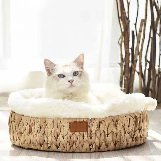 Handwoven Wicker Pet Bed with Scratching Pad