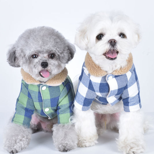 Puppy Plaid Cotton Coat with Lamb Fur Collar