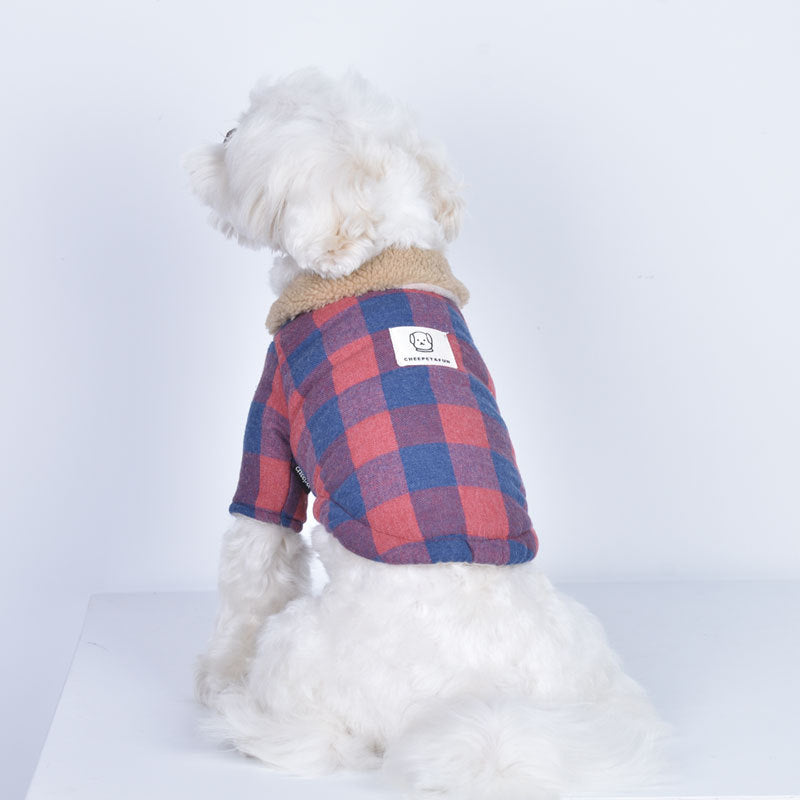 Puppy Plaid Cotton Coat with Lamb Fur Collar