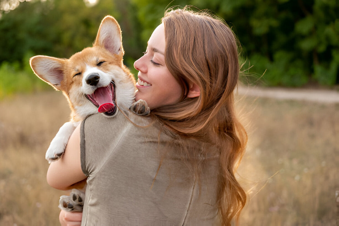 happy corgi over smiling woman's shoulder