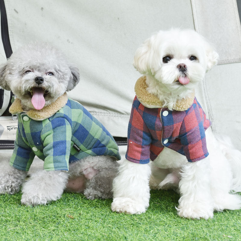 Puppy Plaid Cotton Coat with Lamb Fur Collar