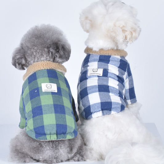 Puppy Plaid Cotton Coat with Lamb Fur Collar