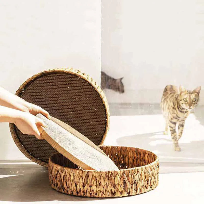 Handwoven Wicker Pet Bed with Scratching Pad