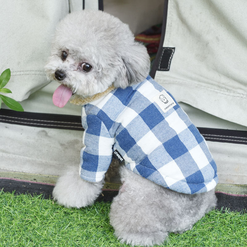 Puppy Plaid Cotton Coat with Lamb Fur Collar
