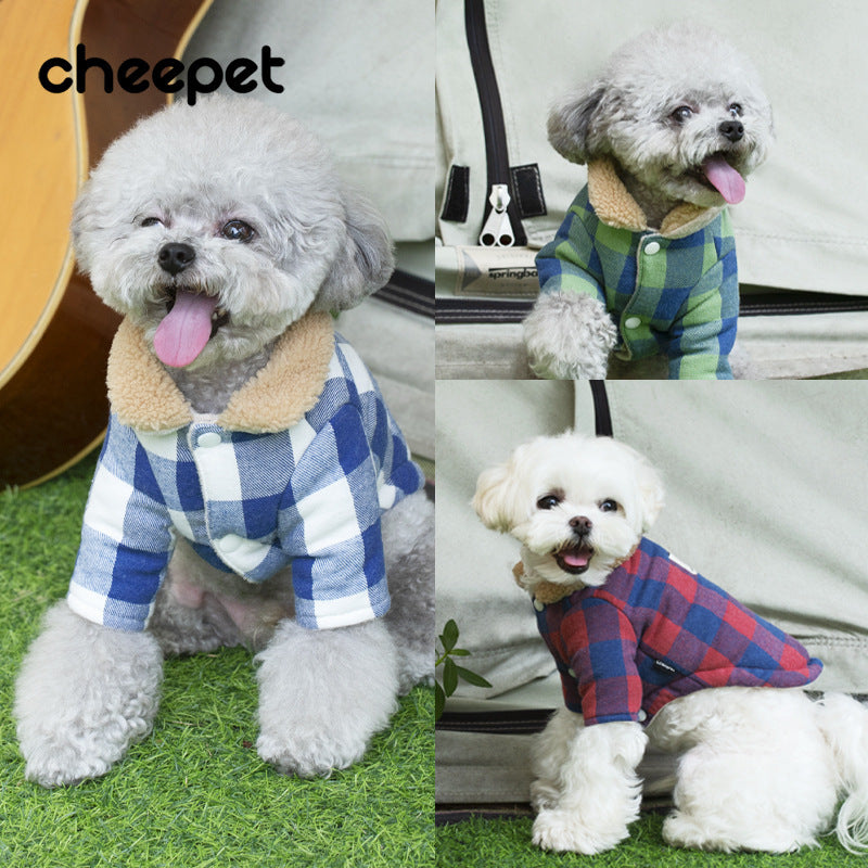 Puppy Plaid Cotton Coat with Lamb Fur Collar